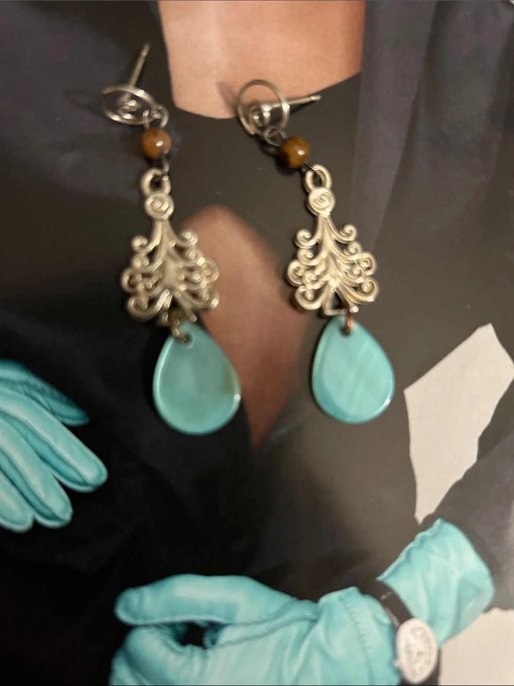 Vintage  Turquoise Teardrop Filigree Dangle Earrings with Brown tiger eyes